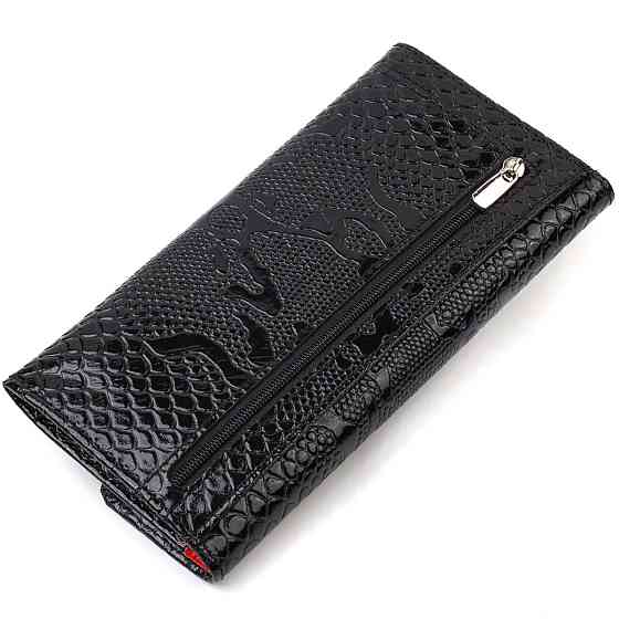 Фактурное женское лакированное портмоне из натуральной кожи с тиснением под змею CANPELLINI 21700 Черное Киев