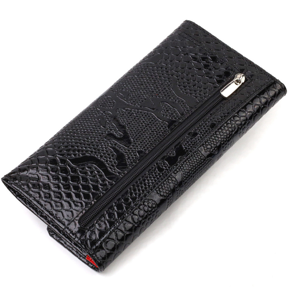 Фактурное женское лакированное портмоне из натуральной кожи с тиснением под змею CANPELLINI 21700 Черное Киев - изображение 2