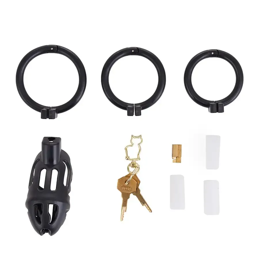 Клітка для пеніса LOCKINK SEVANDA Plastic Penis Chastity Cage, чорна, 3 кільця різних розмірів Львів - фото 5