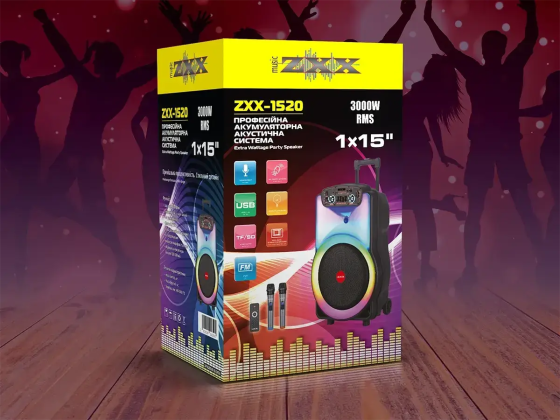 Портативна акустична колонка ZXX-1520 120Вт, 15" динамік, TWS/FM/USB/TF/BT/LED, 2 мікрофони, пульт Д Київ
