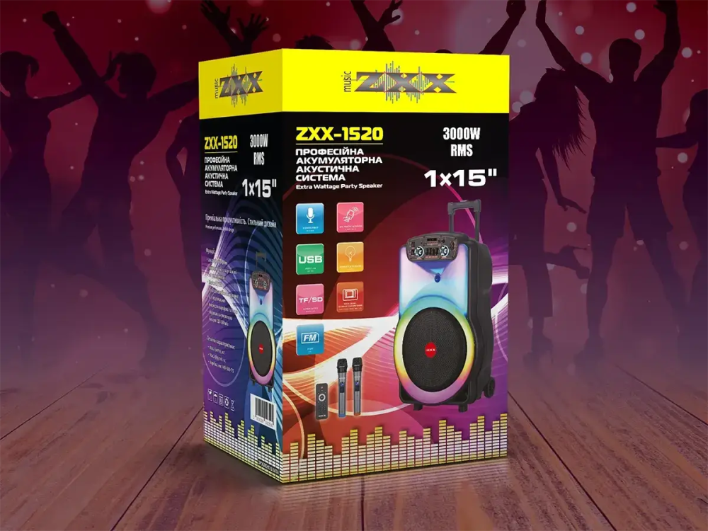 Портативна акустична колонка ZXX-1520 120Вт, 15" динамік, TWS/FM/USB/TF/BT/LED, 2 мікрофони, пульт ДК Одеса - фото 5