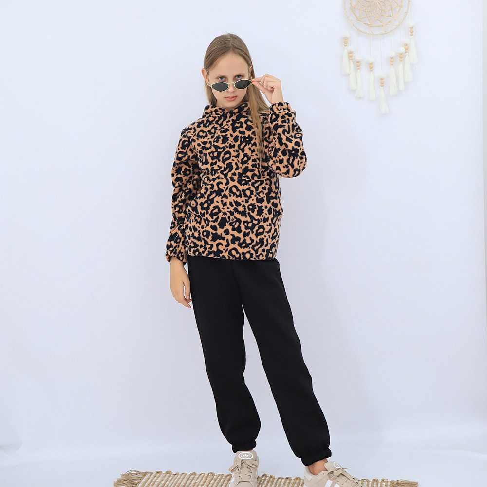 Дитячий теплий костюм жіноча толстовка лео з капюшоном+чорні штани Кам'янець-Подільський - фото 1