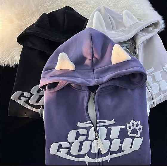 Жіночий теплий оверсайз худі з вушками тринитка на флісі Чорний Одеса