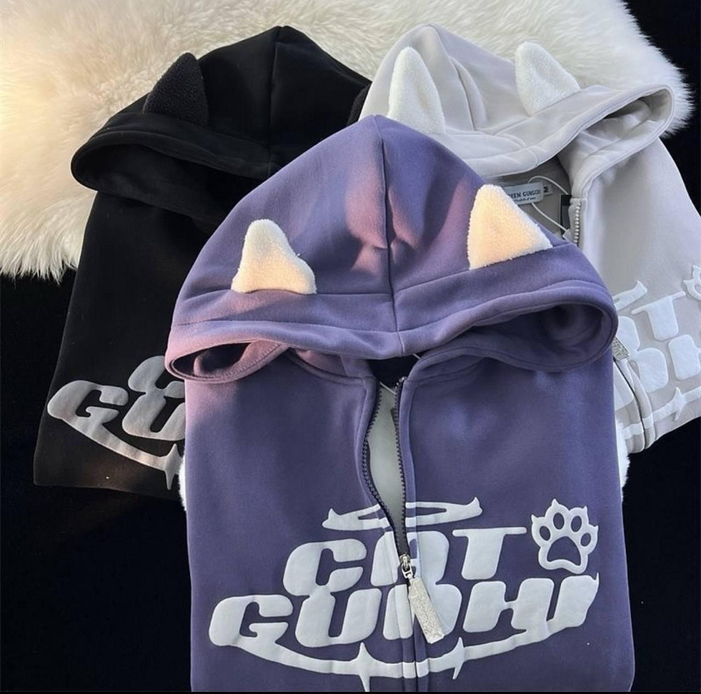 Жіночий теплий оверсайз худі з вушками тринитка на флісі Чорний Одеса - фото 2