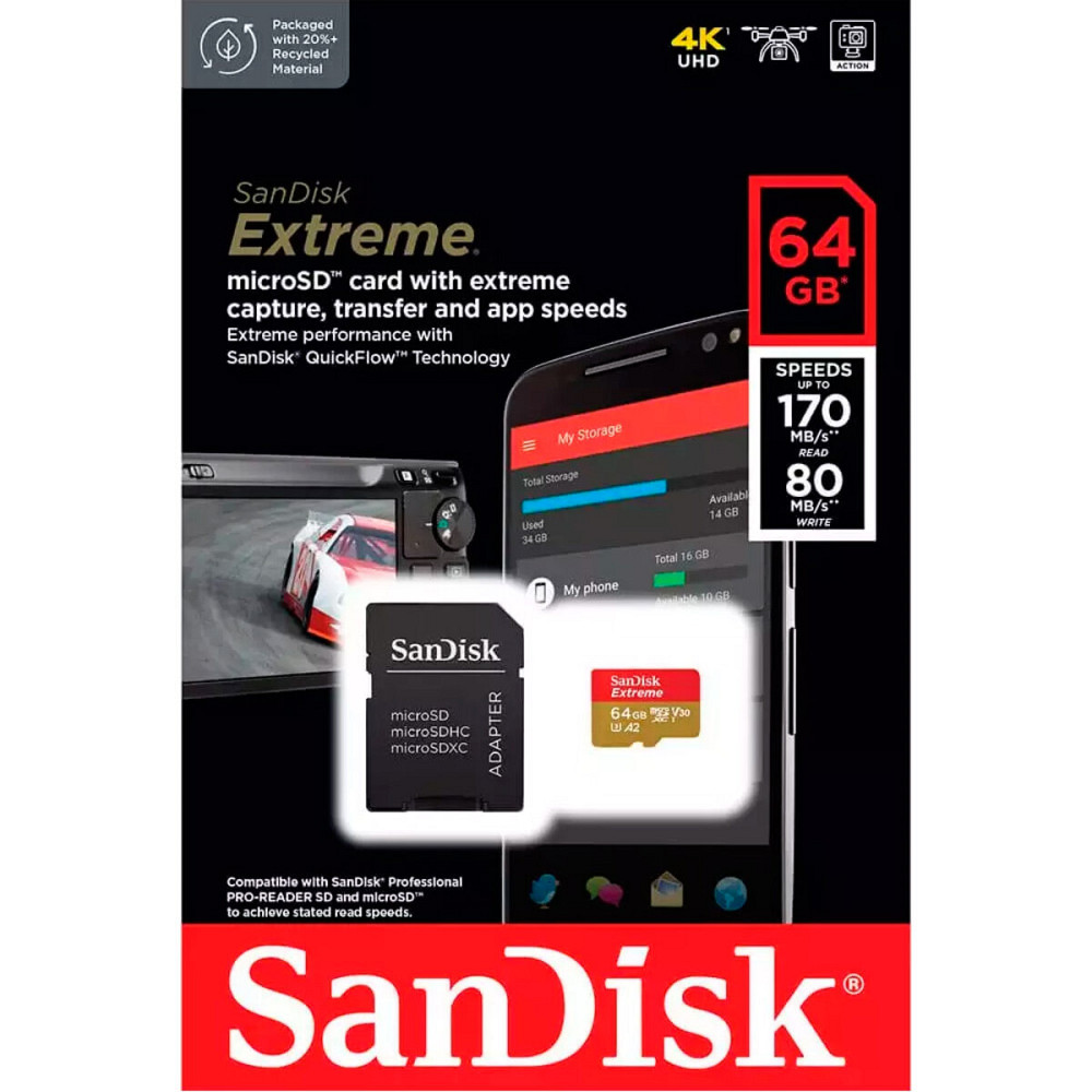 microSDXC (UHS-1 U3) SanDisk Extreme For Action Cams and Drones A2 64Gb class 10 V30 (R170MB/s,W80MB/s) (adapter) Киев - изображение 4
