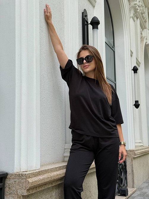 Женский костюм двунитка футболка и штаны прогулочный Черный M-L Харьков - изображение 15