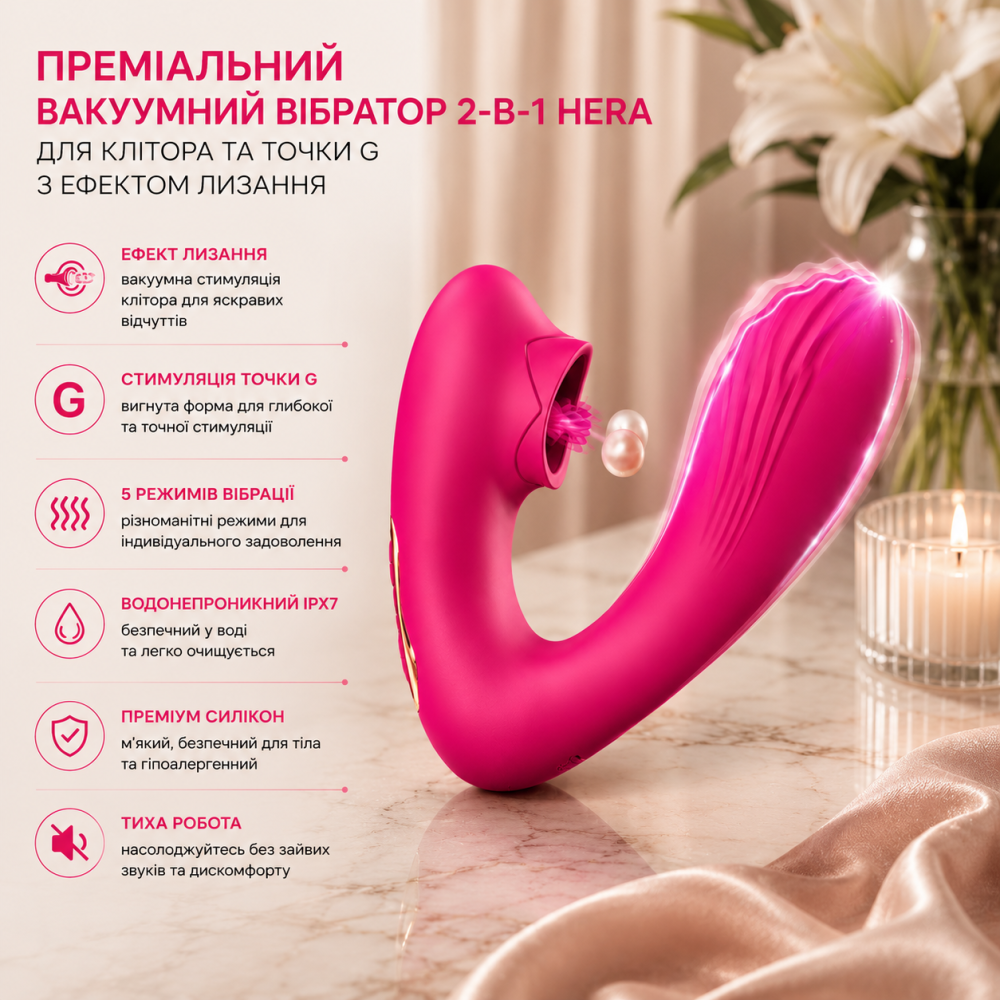 Преміальний вакуумний вібратор 2-в-1 Hera для клітора та точки G з ефектом лизання, водонепроникний, 5 режимів, рожевий Київ - фото 17