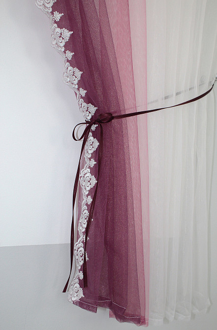 Кухонные шторки VR-Textil № 100к с подвязками белый с марсала 490х170 см (50-829) Киев - изображение 3