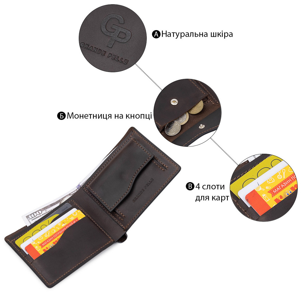 Шкіряне чоловіче вінтажне портмоне GRANDE PELLE 11553 Коричневий Київ - фото 4