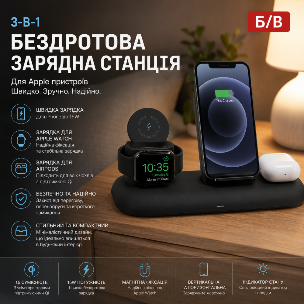 Б/В Бездротова зарядна станція 3-в-1 для Apple: швидка зарядка для iPhone, Apple Watch та AirPods Київ - фото 7