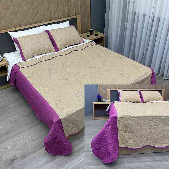 Покривало стьобане з наволочками Expo Trade листя 220x220 (+-10 см) бежевий з пурпуровим (85-147) Київ