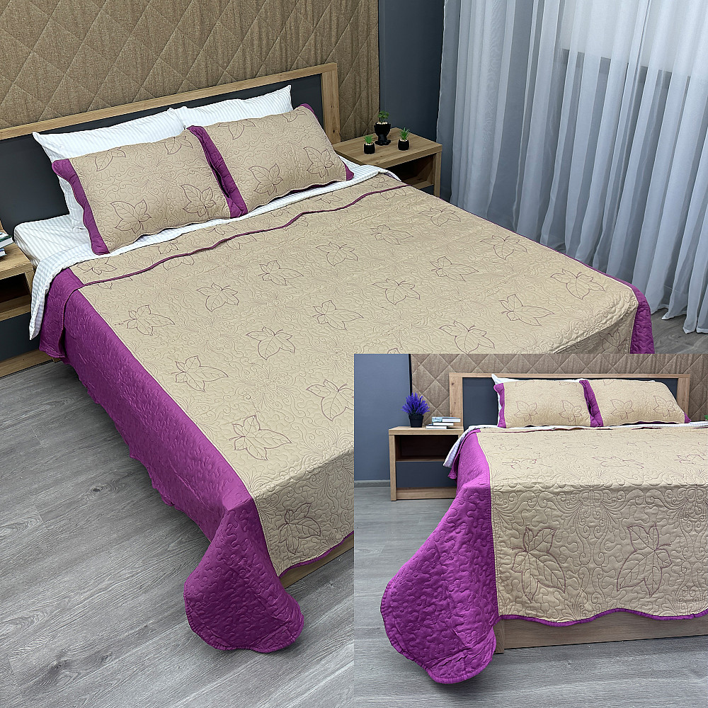 Покривало стьобане з наволочками Expo Trade листя 220x220 (+-10 см) бежевий з пурпуровим (85-147) Київ - фото 1