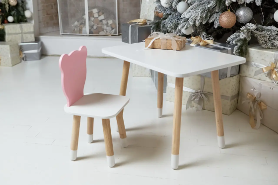 Дитячий прямокутний столик (Білий) та стільчик Ведмедик (Рожевий) Вінниця