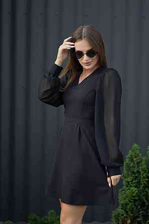 Жіноча ефектна міні сукня із шифоновими рукавами костюмка Чорний, 46 Одеса