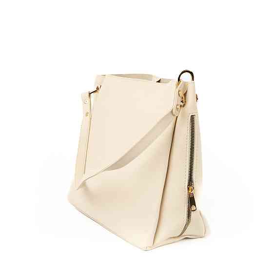 Сумка женская через плечо вместительная стильная из искусственной кожи с боковыми молниями, Молочный Каменец-Подольский