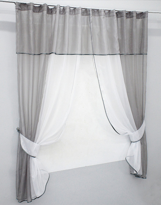 Кухонные шторы VR-Textil № 090к с ламбрекеном и подвязками серый с белым 280х170 см (50-310) Киев - изображение 2