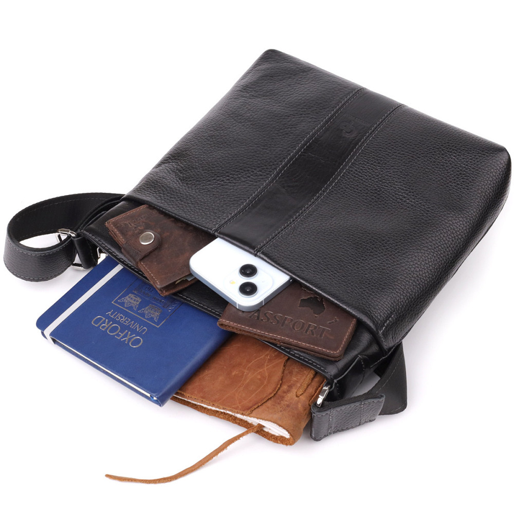 Красива сумка через плече для чоловіків із натуральної шкіри GRANDE PELLE 22883 Чорна Київ - фото 8