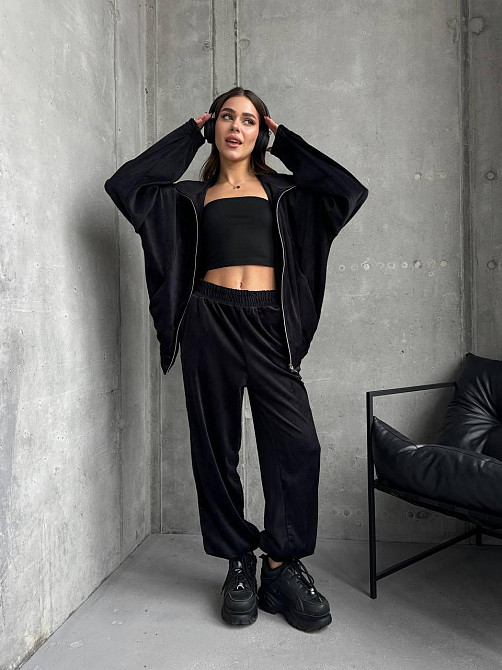 Жіночий прогулянковий костюм-двійка: кофта та штани з турецького велюру Чорний, 46/48 Одеса - фото 5
