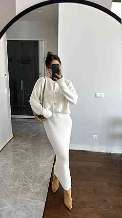 Женский теплый элегантный костюм двойка: кофта + юбка миди плотная двойная ангора Молочный, 46/48 Одесса