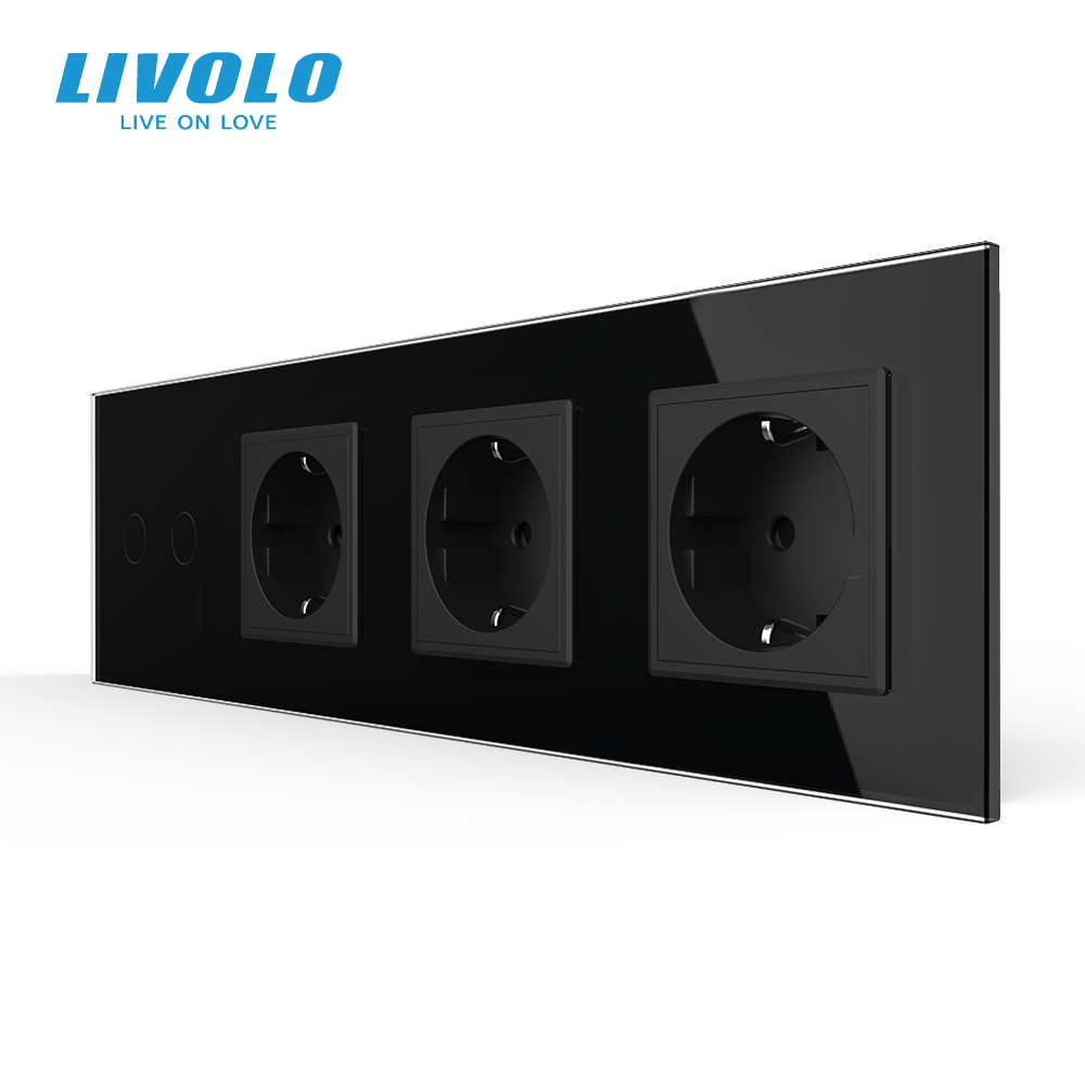 Сенсорний вимикач 2 сенсора 3 розетки Livolo чорний скло (VL-C702/C7C3EU-12) Коломыя - изображение 1