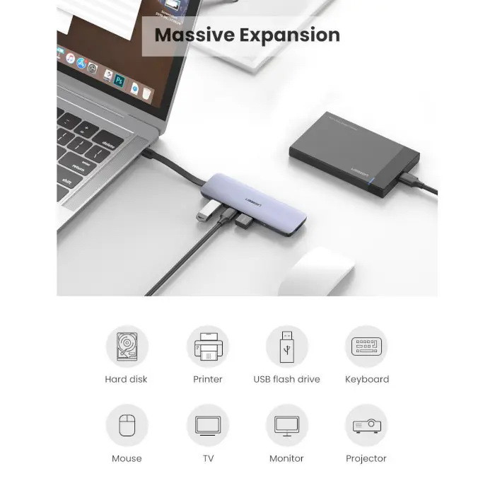 Багатопортовий хаб Ugreen USB-C to HDMI+3xUSB3.0+USB-C 70408 (Сірий) Николаев - изображение 5
