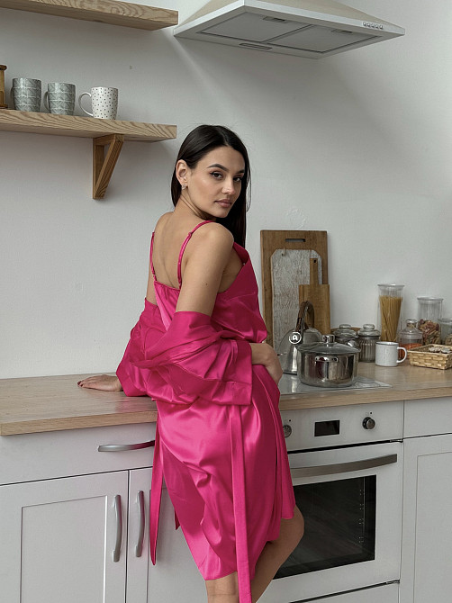 Пижама женская шелковая с шортами Малиновый XS Харьков - изображение 6
