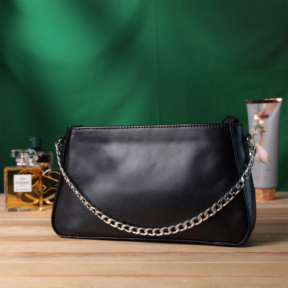 Жіноча сумка багет з ланцюжком і ремінцем з гладкої натуральної шкіри Shvigel 22838 Чорна Київ - фото 9