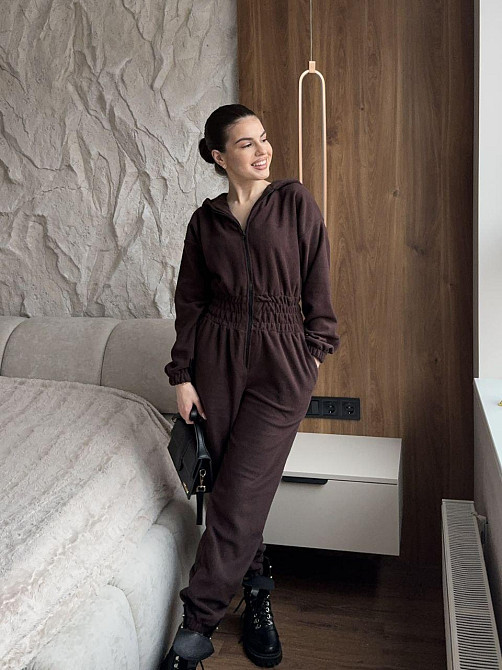 Женский теплый повседневный комбинезон с капюшоном турецкий флис Шоколад, 50/52 Одесса - изображение 2