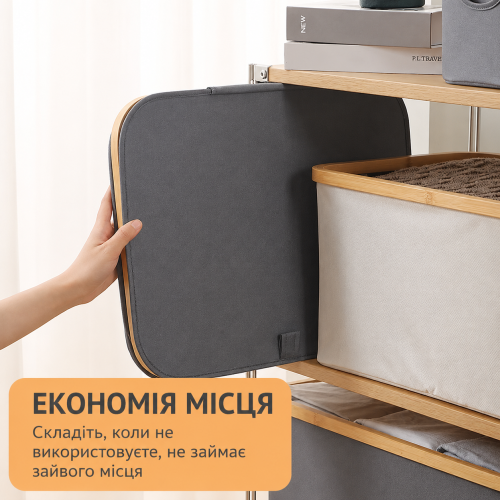 Корзина складная органайзер с крышкой для одежды вещей в гардеробе для стирки белья и бамбуковыми ручками,серая LB-45 Каменец-Подольский - изображение 5