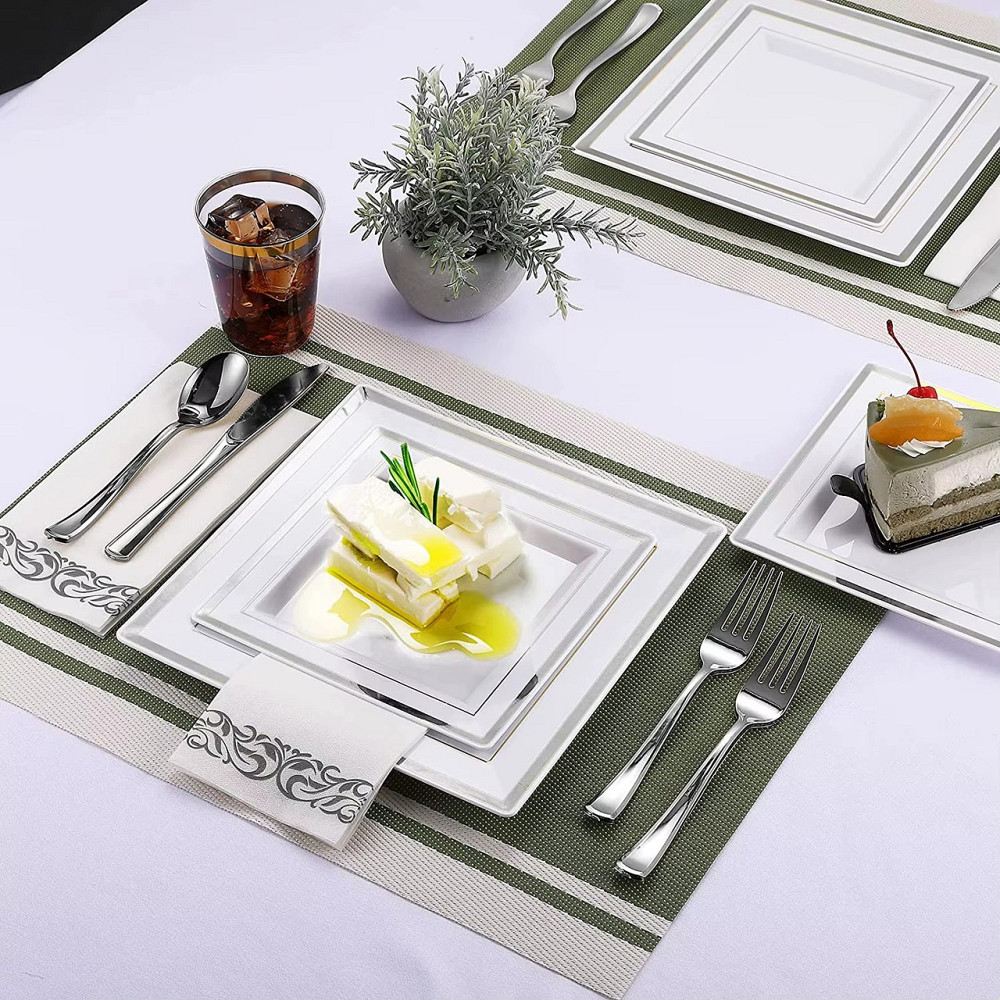 Набор тарелок пластиковых 12 шт,десертные 16.5 см и обеденные 24 см,квадратные с серебристым контуром Каменец-Подольский - изображение 7