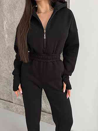 Женский теплый повседневный комбинезон с капюшоном трехнить на флисе Черный, 48/50 Одесса