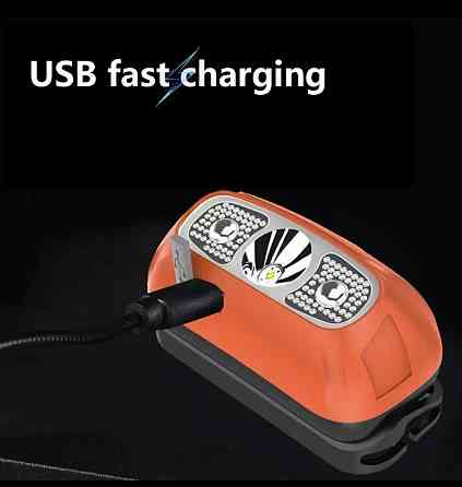 Налобный фонарик на аккумуляторе с зарядкой USB, оранжевый, фонарь для рыбалки,фонарик на голову, 4 режима Киев