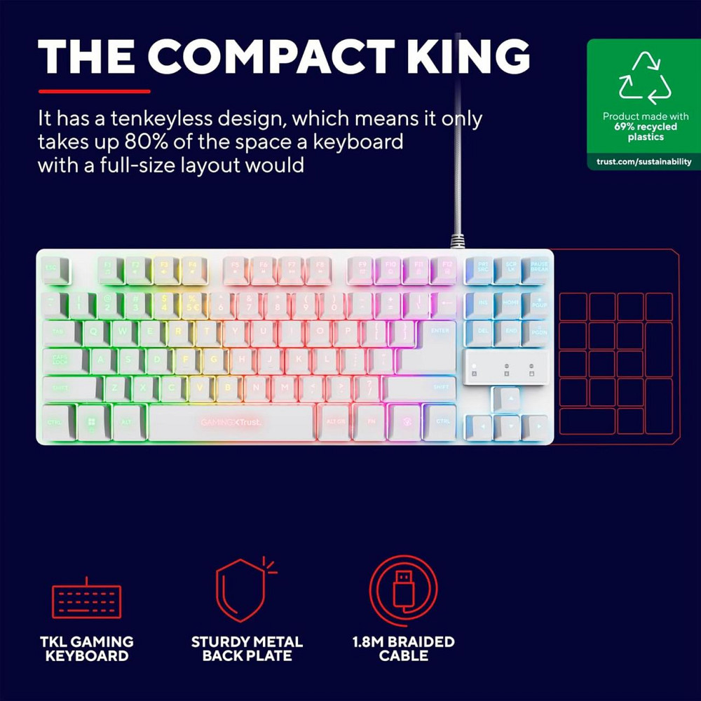 Игровая клавиатура Trust GXT 833W Thado TKL компактная белая QWERTY (английский), RGB-подсветка, Anti-Ghosting Киев - изображение 5