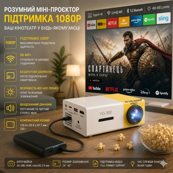 Портативный проектор с динамиком YG300 желтый Работающий от PowerBank Киев