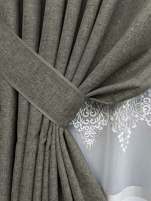 Комплект штор VR-Textil Лен ALORA-TON 100х270 2шт и Тюль 300х270 1871ш-1708т Серый с белым 71-203/1 Киев - изображение 4