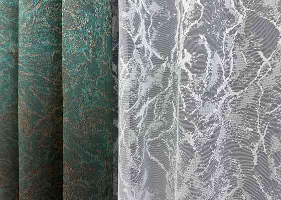 Комплект штор VR-Textil Жакард Fantasy 150х270 2шт і Тюль 400х270 1633ш-1783т Смарагдовий  з білим 71-048/3 Київ