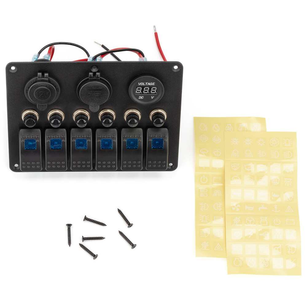 Панель на 6 переключателей автомат 155х115мм + прикуриватель, двойной USB порт, вольтметр HF60-106BU Киев - изображение 2