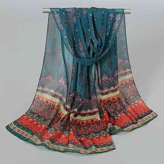 Жіночий шифоновий шарф з етнічним орнаментом 150 на 45 см бірюзово-червоний Київ