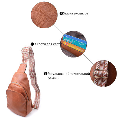 Сумка Vintage Жіноча через плече з екошкіри з акцентом на текстильну лямку Руда (22780) Вінниця - фото 8