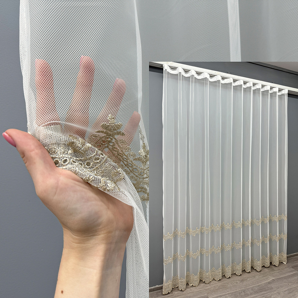 Тюль "Грек-сітка" з вишивкою колір молочний з бежевим 1473т Київ - фото 1