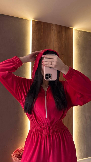 Жіночий стильний повсякденний комбінезон велюр плюш Червоний, 44/46 Одеса - фото 2