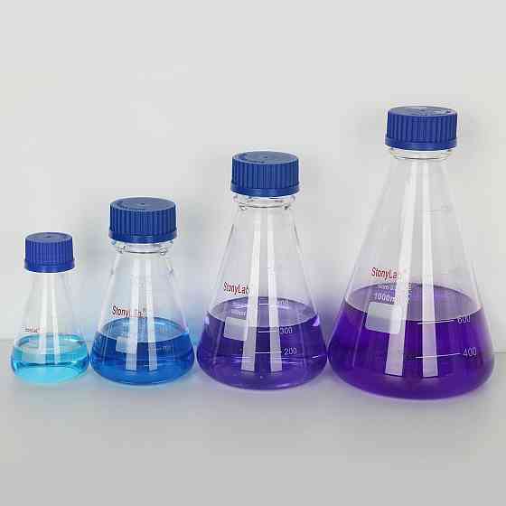 Колба коническая Erlenmeyer stonylab 100 мл синяя градуированная с крышкой боросиликатное стекло лабораторная Киев