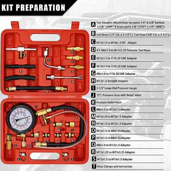 Тестер тиску палива CH-TU114-00001 Чорний 0-140 PSI (0-10 bar) комплект адаптерів M8 M10 M12 M14 15" шланг вакуумний насос тестер Київ
