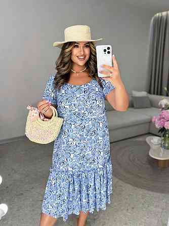 Жіноче легке принтоване плаття батал штапель Блакитний, 54 Одеса