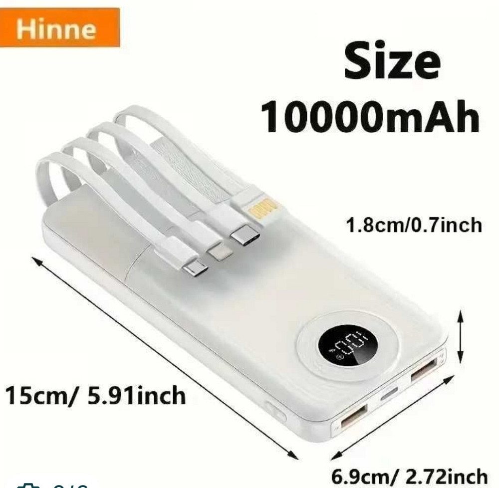 Павербанк Hinne 10000 mAh з вбудованими кабелями (PD 20W, LED дисплей) Харків - фото 5