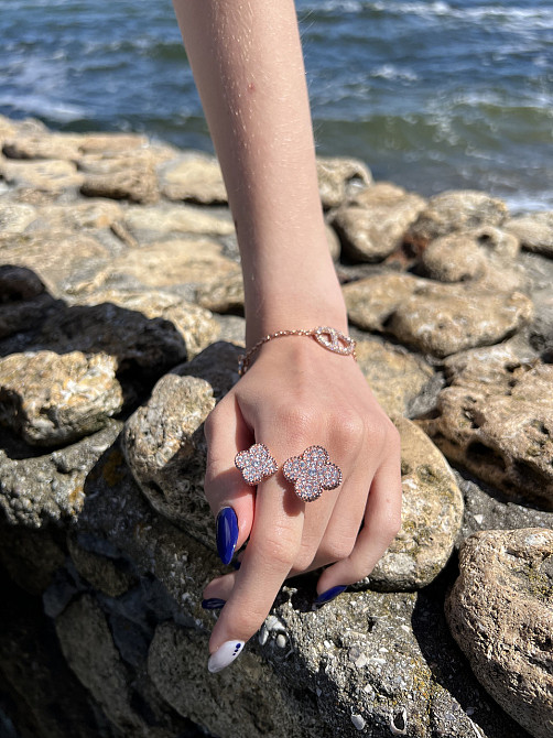 Роскішне кільце подвійна конюшина / напилення лимонне золото / розсип цирконію Одеса - фото 9