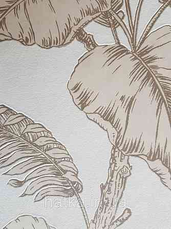 Обои виниловые на флизелине Marburg 31845 New modern крупные листья ветки коричневые кремовые на белом фоне Киев