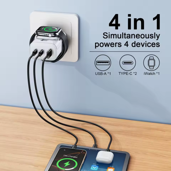 Зарядний пристрій Oatsbasf 4-в-1 GaN 45 Вт, 2×USB-C + USB-A, магнітна бездротова зарядка для Apple Watch Київ
