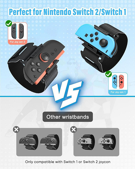 Ремінці для зап’ястя Joy‑Con для Switch 2/1/OLED, регульовані 2 шт, чорні, сумісні з Just Dance 2021‑2026 та Zumba Burn It Up, Київ - фото 4
