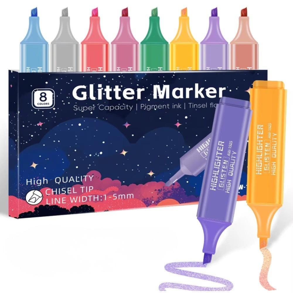 Маркери глітерні, набір 8 шт для малювання та творчості, металік, преміум-якість, флуоресцентні маркери з ефектом мерехтіння Кам'янець-Подільський - фото 1